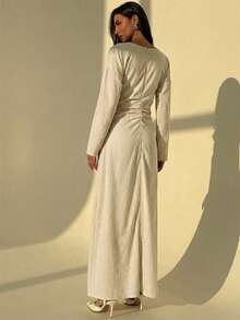 Aloruh 女士长袖棉质舒适褶皱腰身长款亚麻连衣裙，秋冬长袖长裙棉质连衣裙端庄连衣裙女士长裙 - 杏色 - 查看 2