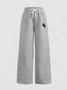 SHEIN Tween Girls' Casual Drawstring Waist Loose Fit Printed Sweatpants, Back-To-School Outfit, Basics, Versatile Daily Wear - Grey - View 4