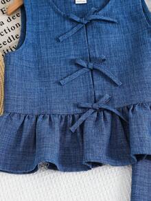 SHEIN 两件套女童格子圆领修身休闲上衣和宽松休闲裤 - 藍色 - 查看 6