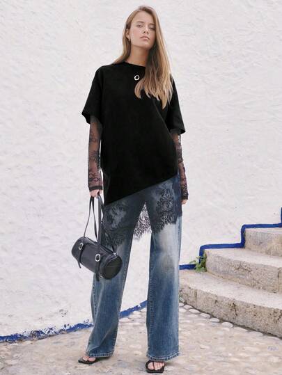 Nöista Blusa de mujer 2 en 1 con mangas, dobladillo y detalles de encaje, ideal para vacaciones de primavera o cumpleaños de mujeres. Combina un ajuste relajado con elegantes detalles de encaje, y se transiciona fácilmente de uso diurno a uso nocturno o de Año Nuevo.