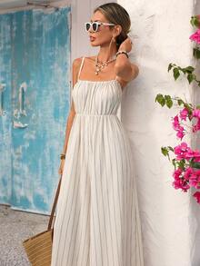 Vivid Eden 春夏出行度假：宽松阔腿露背连体裤，条纹纹理面料，女士连体裤 - 彩色 - 查看 5