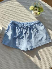 Comfortcana 女士蓝色纯色休闲直筒短裤，带抽绳，梭织面料，打造轻松休闲造型 - 藍色 - 查看 4