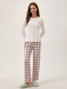 Loomlin Cotton Cute Pink & Blue Heart Long Sleeve Sleep Top&Plaid Pattern Pants Homewear Pajama Set Pajama Sets For Women Round Neck Warm Pajamas For Women Sleep Wear Women Set Soft Pajamas Set