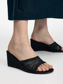 Mnmlis Giày sandal đế xuồng đính đá thời trang mùa hè đa năng, kiểu dáng Dopamine Senior Sense màu đen, sandal đế dày gợi cảm, dép lê đế xuồng quai mỏng sang trọng, thích hợp mang ngoài trời. - màu đen - Xem 3