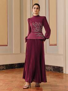Anewsta Women's Elegant Rose Red 2 In 1 Rhinestone Pleated Long Dress,Autumn Fashionable Round Neck Sequin Party Dress For Dining,Wedding,New Year & Valentine - Red Violet - View 3