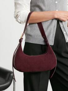 SHECARRY Corduroy Handbag, Fashionable Shoulder Bag, Casual Crescent Crossbody Bag, Autumn/Winter New Arrival - Wine red - View 1