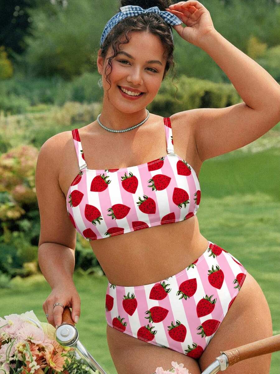 Swim Mod 大码女式豹纹极简吊带泳衣套装 - 彩色 - 查看 1