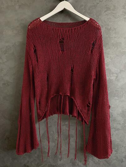 Sunspun Plus Size Women's Solid Color Sexy Sheer Ripped Flare Sleeve Y2K Style Fringe Knit Pullover Sweater, Suitable For Spring, Summer, Autumn Wear, Distressed Sweater, Suitable For Daily Commute