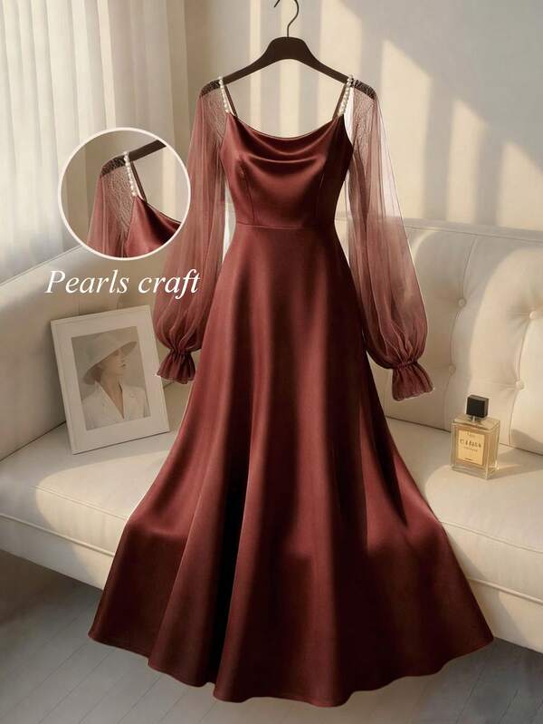 Franclia 女士优雅缎面珍珠装饰长袖A字连衣裙，适合通勤、派对和聚会