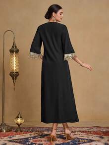Al Najma Women's New Style Embroidery Pattern Print Gold Sequin Lace Applique Ribbon Decor 3/4 Sleeve V-Neck Tassel Cutout Tunic Top, Black, Spring/Summer - Black - View 2