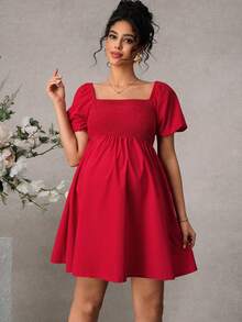 Momance 孕妇连衣裙，泡泡袖，方领，前片褶皱，后背蝴蝶结设计，A字下摆短款连衣裙 - 紅色 - 查看 3