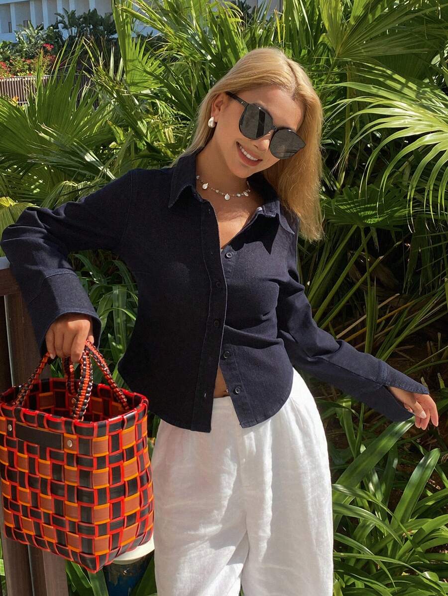 DAZY 女士翻领收腰短款长袖优雅性感修身水洗牛仔上衣 - 深色水洗藍 - 查看 1