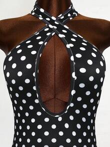 Mistrie Women's Casual Polka Dot Print Halter Neck Hollow Out Romper, Spring/Summer - Black - View 5