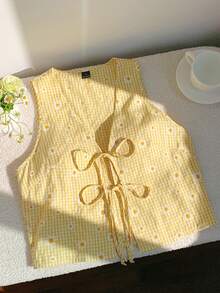 SHEIN EZwear New Summer Vacation Holiday Women's Casual Daisy Plaid Print V-Neck Tie Front Sleeveless Blouse, Summer - Yellow - View 3