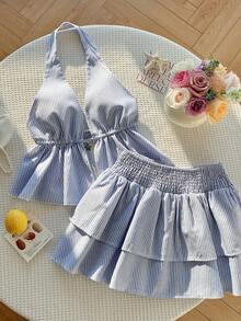 SHEIN EZwear Women's Striped Ruffle Hem Backless Halter Top And Mini Skirt Sexy Fashion 2-Piece Set - Baby Blue - View 3