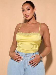 SHEIN BAE 加大码女士夏季甜心领针织连体衣，蕾丝褶皱饰边，黑色 - 黃色 - 查看 5