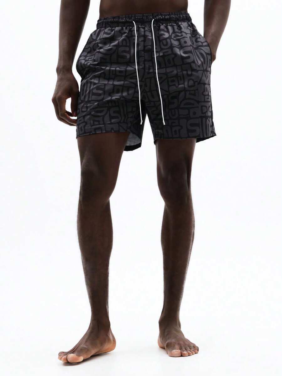 SUMWON Nylon Swim Shorts With All Over Pattern Design Summer Beach Swimming Trunks Casual Elastic Waistband Drawstring Closure Swimwear - Black - View 1