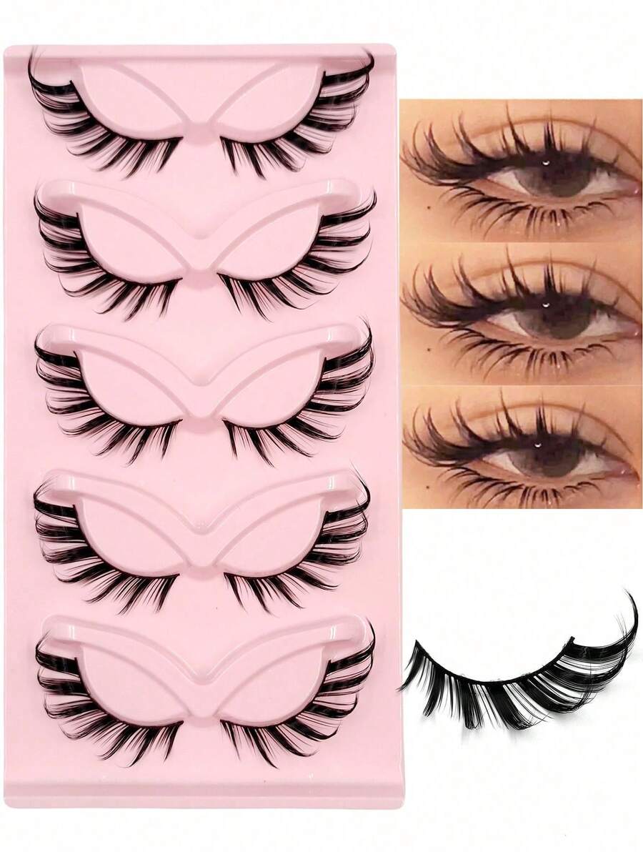 Asiteo New 5 Pairs Cat Eye Lashes Faux Mink Eyelashes 3D Curl Winged Natural Realistic Messy End Eye Elongated Manga False Eyelashes Soft Black Band Fake Lashe - Cat Eye Lashes - View 1