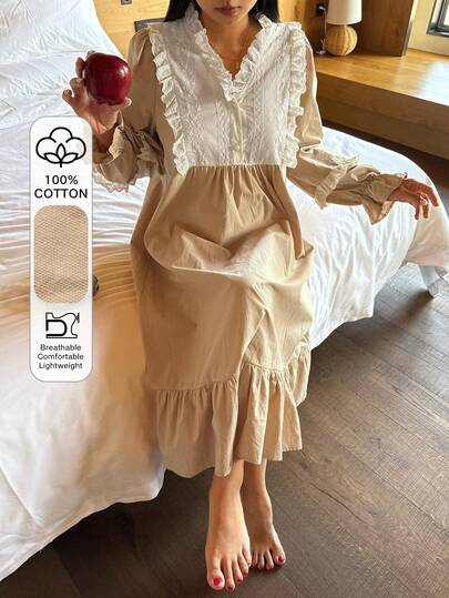 DAZY Nattlinne med lös passform och kontrastfärg, volangärmdekor för kvinnor