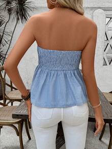 Breezaya 條紋印花露肩上衣，上襯荷葉邊，女性夏季風格