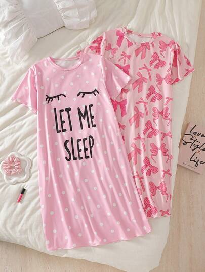 Camisón de manga corta con cuello redondo cómodo, con lazo rosa y gráfico de pestañas para niñas