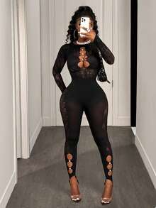 BamGleam Women's Sexy Hollow Out Mesh See-Through Jumpsuit - Black - View 5