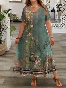Mellowie Casual Retro Elegant Floral Print Plus Size Women's Minimalist V-Neck Short Sleeve Maxi Dress, Suitable For Summer Spring - Multicolor - View 4