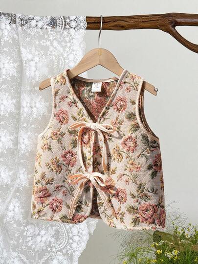 LMoss Kids Baby Girl V-Neck Floral Print Tie Front Casual Versatile Daily Wear Top
