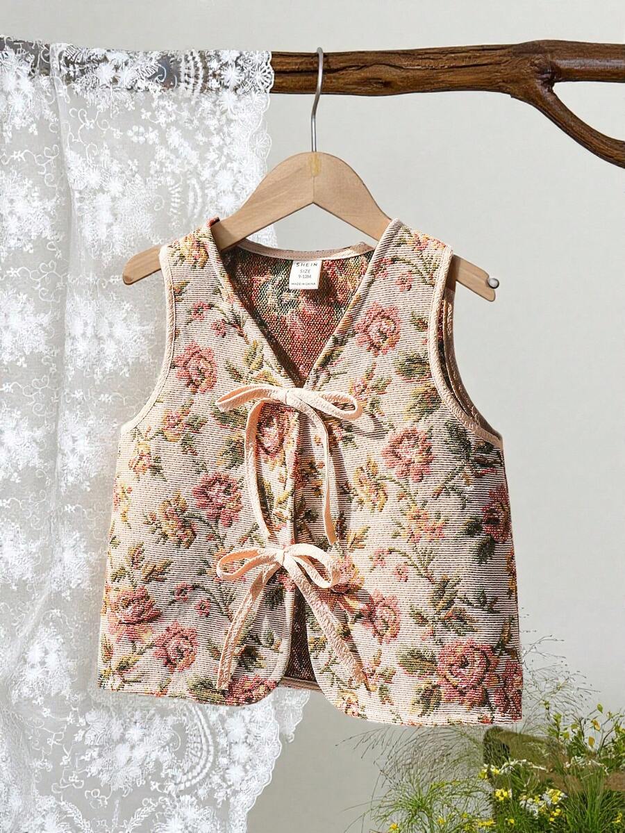 LMoss Kids 女婴V领印花系带休闲百搭日常上衣 - 彩色 - 查看 1