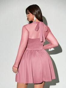 Viva Relle Plus Size Sexy & Elegant Mesh Patchwork Dress - Pink - View 3