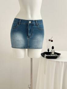 Elamini 女士蝴蝶刺绣水洗牛仔紧身迷你裙 - 中等水洗藍 - 查看 4