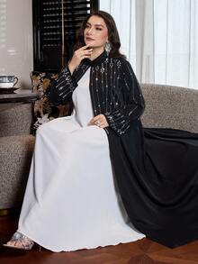 Al Najma Áo Abaya dài tay, dáng suông, đính đá lấp lánh, cỡ lớn dành cho nữ, thích hợp cho các dịp trang trọng. - màu đen - Xem 6