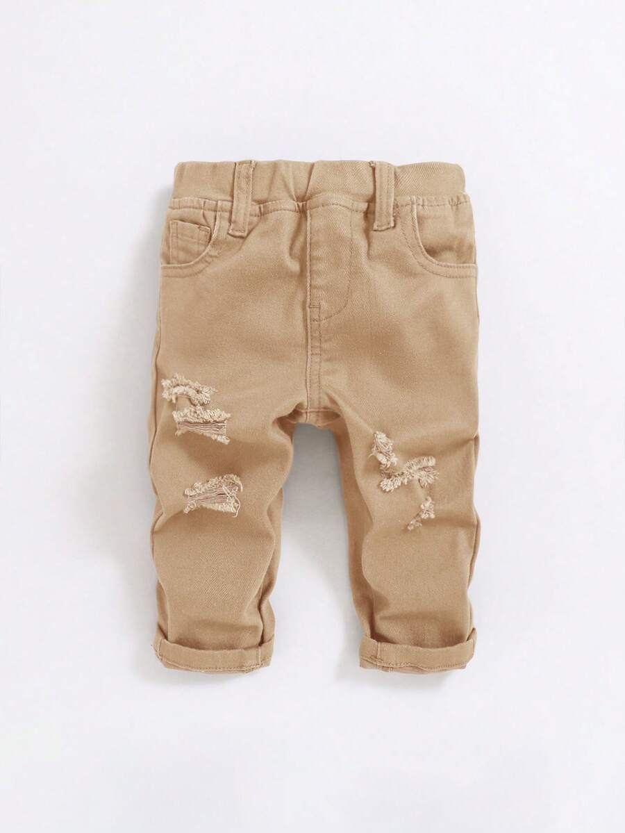 SHEIN Baby Boy Casual Washed Distressed Elastic Waist Jeans - Khaki - View 1