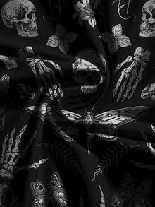 ROMWE Goth 大码哥特式蝴蝶、飞蛾、植物、骷髅、恶魔印花优雅浪漫度假裙 - 黑色 - 查看 3