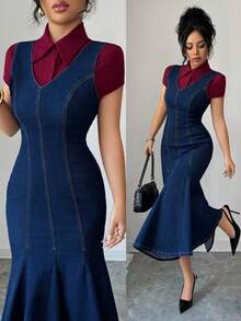 Elenzga Elegant & Chic Dark-Wash Stretchy Fitted Denim Dress For Commuting, Women - Dark Wash - View 1