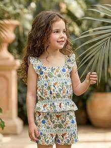 Vintaside Kids 女童热带印花衬衫短裤套装，休闲度假装 - 白色 - 查看 6