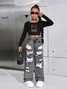 SHEIN Jeans rectos anchos y rasgados con efecto desgastado estilo callejero de Y2K para niñas preadolescentes, ropa y conjuntos de otoño para niñas - Lavado ligero - Ver 4