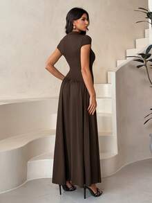 SHEIN Tall 女士纯色立领泡泡袖褶裥长款休闲连衣裙，夏季棕色连衣裙 - 棕色 - 查看 2