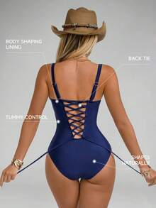 Shapewave 1pc Women's Solid Color Ruched Sexy Fashion Spaghetti Strap One-Piece Swimsuit - Navy Blue - View 2
