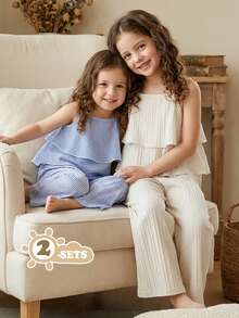 Vintaside Kids 4件套女童休闲个性魅力吊带背心搭配宽松飘逸阔腿裤，粉色和米色，适合日常外出、度假和休闲穿着