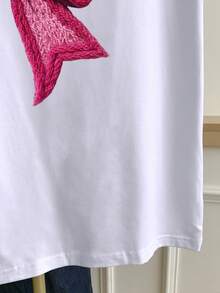 Franclia Women's Bow Print Color Block Round Neck Short Sleeve T-Shirt - White - View 5
