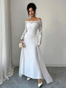 Elenzga 优雅性感露肩撞色蕾丝长袖修身鱼尾长裙，水晶装饰领口，适合约会，春夏时尚单品 - 白色 - 查看 6