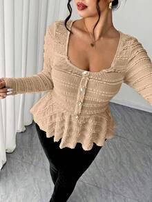 Elenzga 大码女装新款春夏秋季休闲通勤旅行衬衫，纹理面料，不对称下摆，喇叭袖，侧边金属装饰设计，秋季款 - 卡其色 - 查看 3