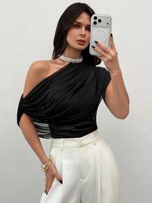 Firerie 夏季新款女士优雅不对称肩短袖褶皱腰身修身针织网纱连体衣，适合派对、日常、度假、教师、机场、海滩等场合穿着。 - 黑色 - 查看 5