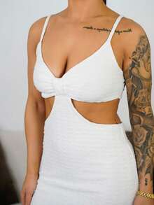 SAYEHFBABY Vacation Casual Sexy Cutout Waist Camisole Textured Fabric - White - View 3