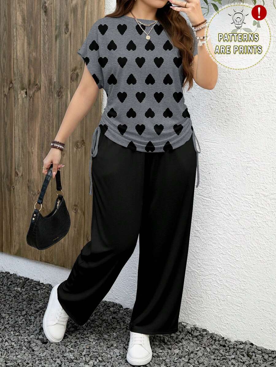 SHEIN LUNE Bộ 2 món dành cho nữ cỡ lớn, kiểu dáng thường ngày, in hình trái tim, phù hợp cho mọi mùa, kỳ nghỉ hè, ngày Valentine. - Nhiều màu - Xem 1