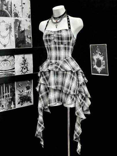 EgrlEra 女士休闲格子褶皱胸部不对称下摆连衣裙，夏季