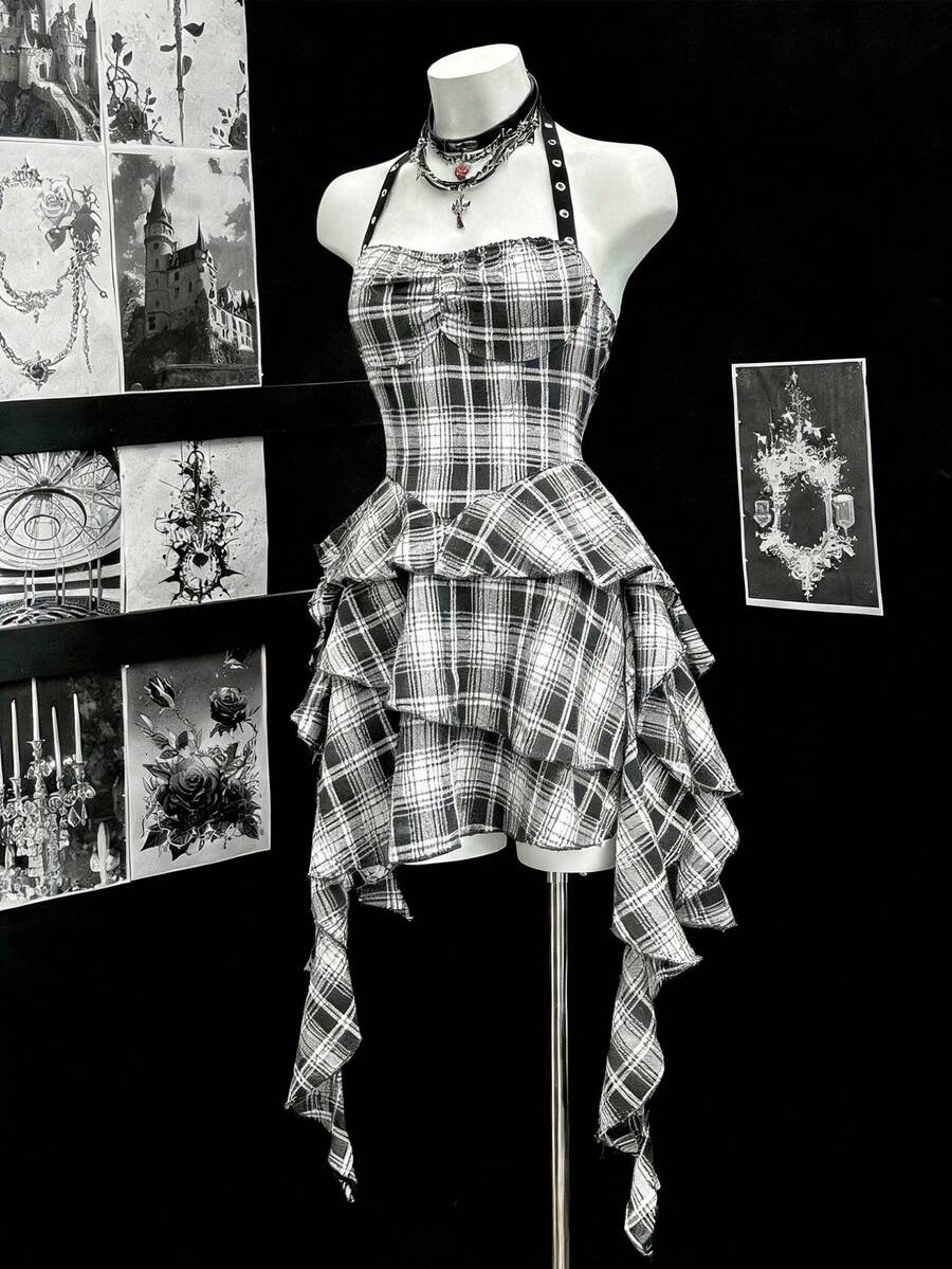 EgrlEra 女士休闲格子褶皱胸部不对称下摆连衣裙，夏季 - 灰色 - 查看 1