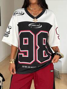 Coolane 女士夏季街头风外出休闲运动印花透气网眼宽松针织T恤 - 黑與白 - 查看 4