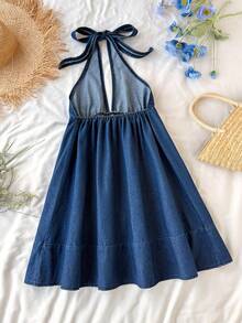 Soleia 女士休闲度假风露背系带飘逸下摆牛仔连衣裙，夏季 - 深色水洗藍 - 查看 2